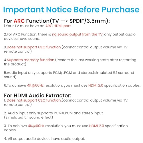 Hdmi Audio Extractor 4K 60Hz Hdmi 2.0B Splitter With Arc Optical Toslink Spdif And 3.5Mm Stereo Audio Out Support Hdcp 2.2 Pcm Dts 5.1 For Tv Soundbar Amplifier Ps5 Xbox Projector (Black)