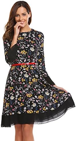 etuoji Women’s Floral Printed Long Sleeve Boho Chiffon Swing Pleated Dress w/Belted