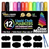 Cedar Markers Liquid Chalk Markers - 12 Pack With Free 40 Chalkboard Labels - Neon Color Pens Including Gold And Silver Ink. Reversible Bullet And Chisel Tip And A Brand New Revolutionary Cap.