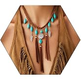 Bethynas Boho Turquoise Tassel Leather Choker Necklace Western Feather Pendant Necklaces for Women