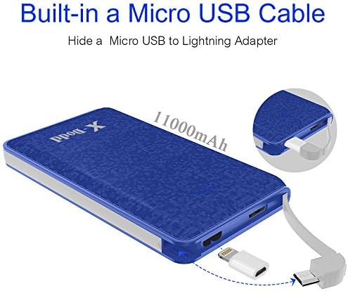11000mAh Portable Charger Power Bank with built in cable External Battery Charger Ultra Slim Design with 2 USB Ports for iPhone7 Plus 6s 6 Plus iPad Samsung Galaxy and More (Blue)