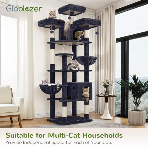 Globlazer XXL Cat Tree 209 cm with 3 Padded Perches, 2 Kennels, Large Platforms, 2 Baskets, Plush Toys, Huge, Stable Cat Trees for 3-5 Cats Indoor (F82, Dark Grey)