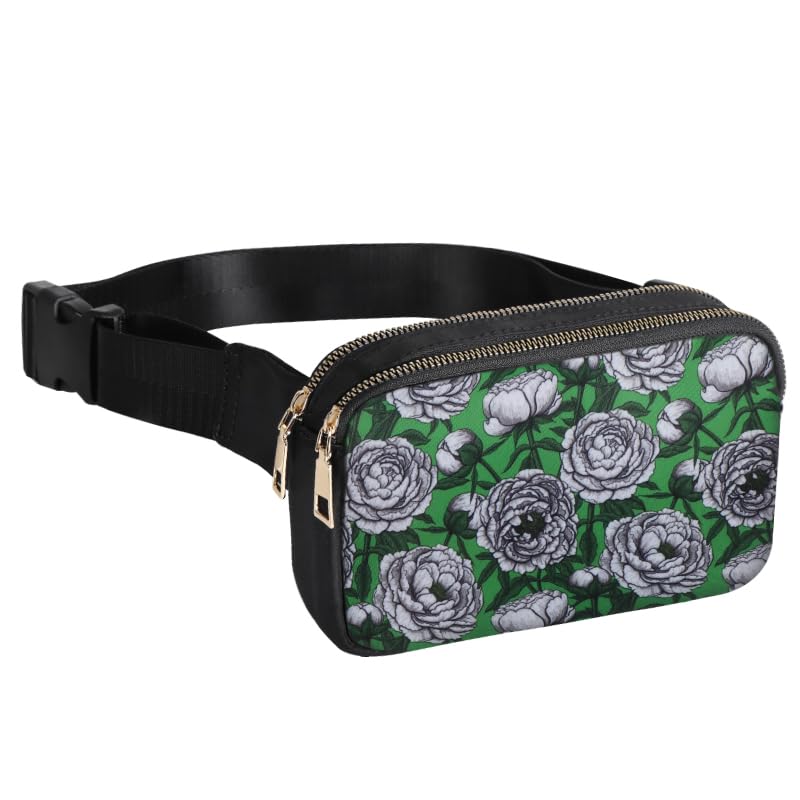 Geestock Bumbag for Ladies, Fanny Pack with Adjustable Straps & 2 Zipper Pockets for Women Men, Crossbody Fashion Waist Belt Bag for Hiking Running Festivals Walking Travel Cycling (White Flower)