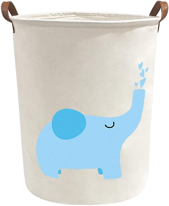 Large Storage Bin-Canvas Storage Basket-Round Basket with PU Leather Handles for Toys,Laundry,Baby Nursery(Elephant 2)