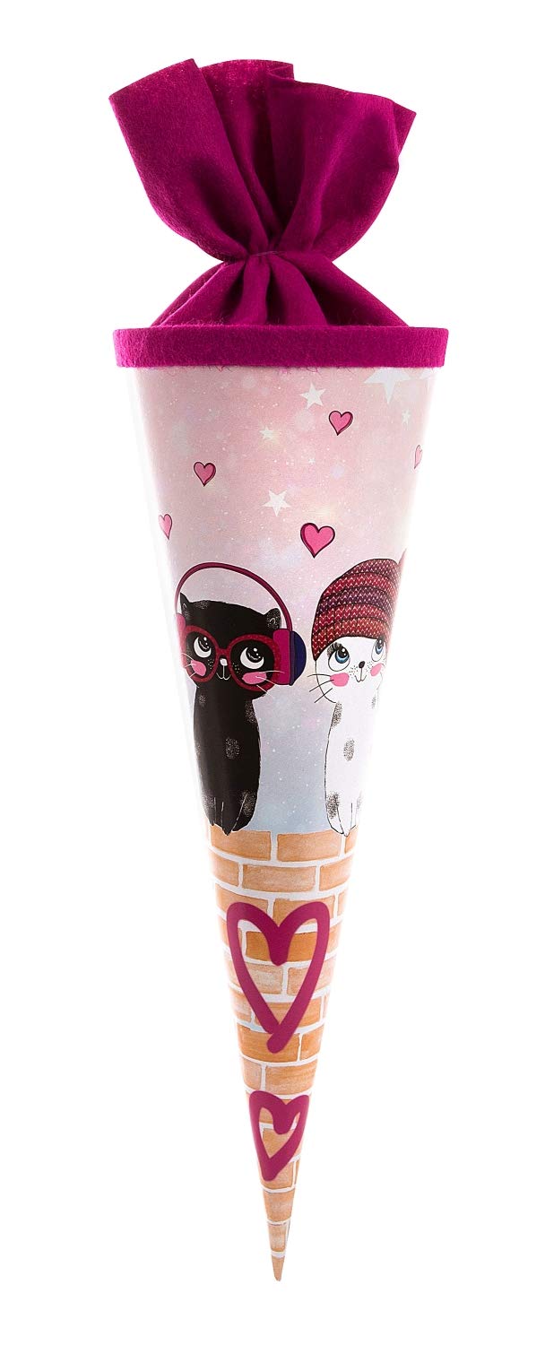 goldbuch Music for Cats 93 099 Sibling Bag School Cone with Cat Motif, Varnished Cardboard Gift Packaging with Pink Felt Closure (without Fastening Strap), Round Sweets Cone Length 35 cm, Diameter