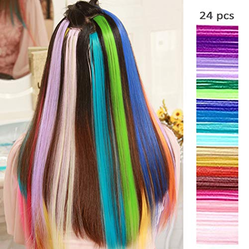 24 Pcs of 20 Inches Multi-colors Party Highlights Colorful Clip in Synthetic Hair Extensions，straight long Hairpiece