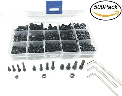 WLine 500pcs M3 M4 M5 Thread Size 12.9 Grade Black Alloy Steel Socket Cap Screws Hex Head Bolt Nuts Assortment Kit Including 3 Hex Key Wrenches