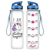 LEADO 32oz 1Liter Motivational Tracking Water Bottle with Time Marker - I Am Fucking Magical - Funny Unicorn Lover Birthday Gifts for Women Best Friend, Daughters, Mom, Girls - Drink More Water Daily