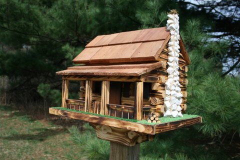 Amish Country Rustic Handmade Log Cabin Bird Feeder With Rock
