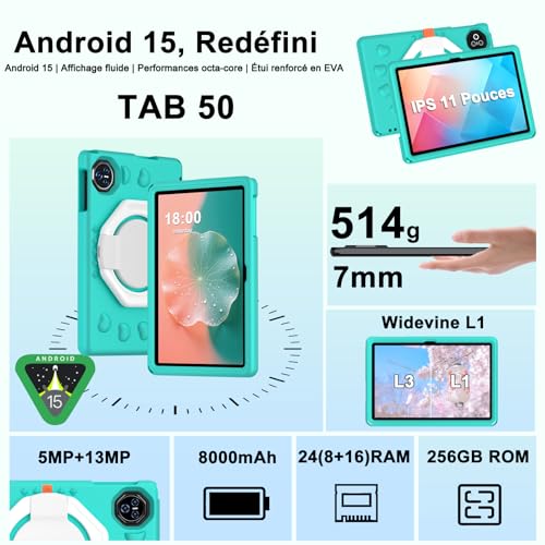 2026 Android 15 Tablet with EVA Silicone Protective Case, 24GB+256GB/2TB, 11-inch Octa-Core Tablet, Gemini AI/Widevine L1, 8000mAh, 13MP+5MP, Metal Case, Big Kids Tablet-Green
