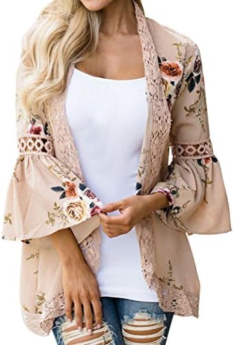 Tootu Women Chiffon Loose Shawl Print Kimono Cardigan Top Cover Up Blouse Beachwear (L, L)