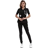 YEZEX Scrubs for Women Set, Medical Scrubs Top and Pants, Women's Jogger Scrub Set with 10 Pockets