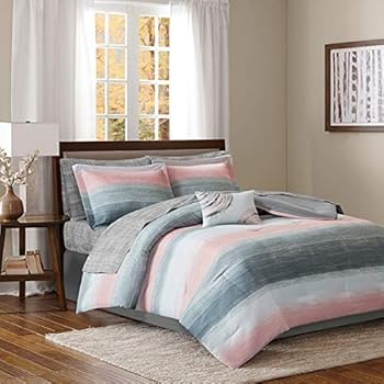 Blush Pink & Gray Watercolor Cottage Beach House Coastal Full Comforter Set (9 Piece Set)