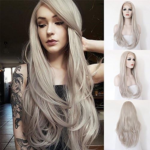 Udreamy Platinum Grey Synthetic Hair Natural Straight Glueless Heat Resistant Lace Front Wigs Hand Tied Wigs for Women 24 Inch