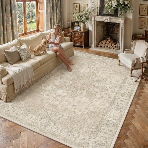 PureCozy Vintage Alfombra Salon 200x300cm Beige Habitacion Alfombras Lavable Antideslizante Grande Tapete Dormitorio Pie de Cama Sala Comedor Carpet Pelo Corto Rug