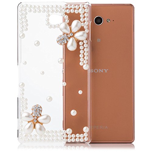 Sony Xperia M2 Aqua | iCues Pearl Flower Case Clear | [Screen Protector Included] Crystal Diamond Clear Cover Rhinestone Shell Bling Glitter Women Girl Floral