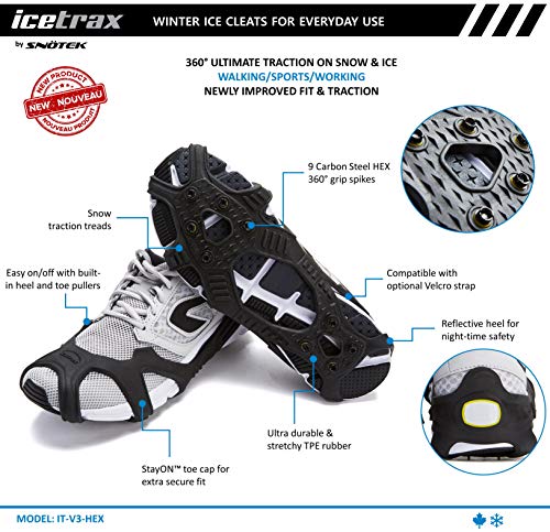 ICETRAX V3 Pro Winter Ice Grips for Shoes and Boots - Ice Cleats for Snow and Ice, StayON Toe, Reflective Heel (V3 HEX, L/XL (Men: 9.5-13 / Women: 11+))
