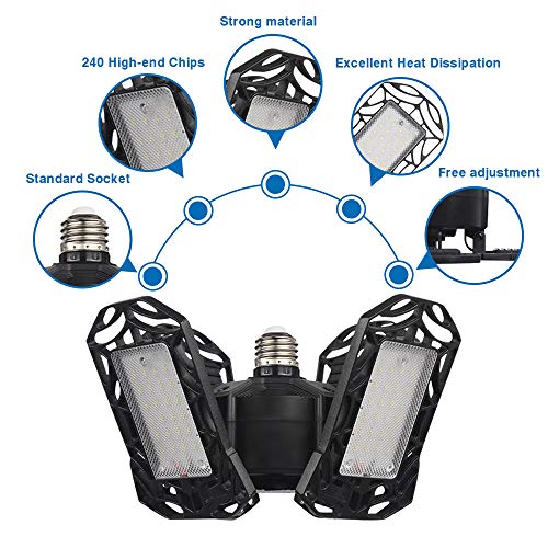 LETOUR LED Garage Lights, 120W LED Ceiling Light with E27 Screw Socket 10000LM Garage Lighting, 4 Adjustable Panels for Garage, Warehouse, Workshop