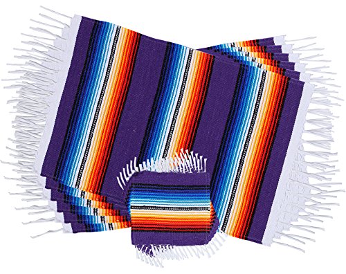 Threads West Colorful Fringed Mexican Serape Place Mats and Coasters Designed in Traditional Mexican Serape Blanket Material. Set of 6 Placemats and 6 Coasters (Purple)