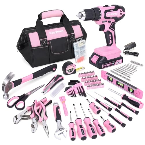 FASTPRO Pinkes Werkzeug-Set, 221-teilig, für Damen, Reparaturwerkzeug mit schnurlosem 20-V-Lithium-Ionen-Bohrer, 30,5 cm breite Öffnung, offene Aufbew