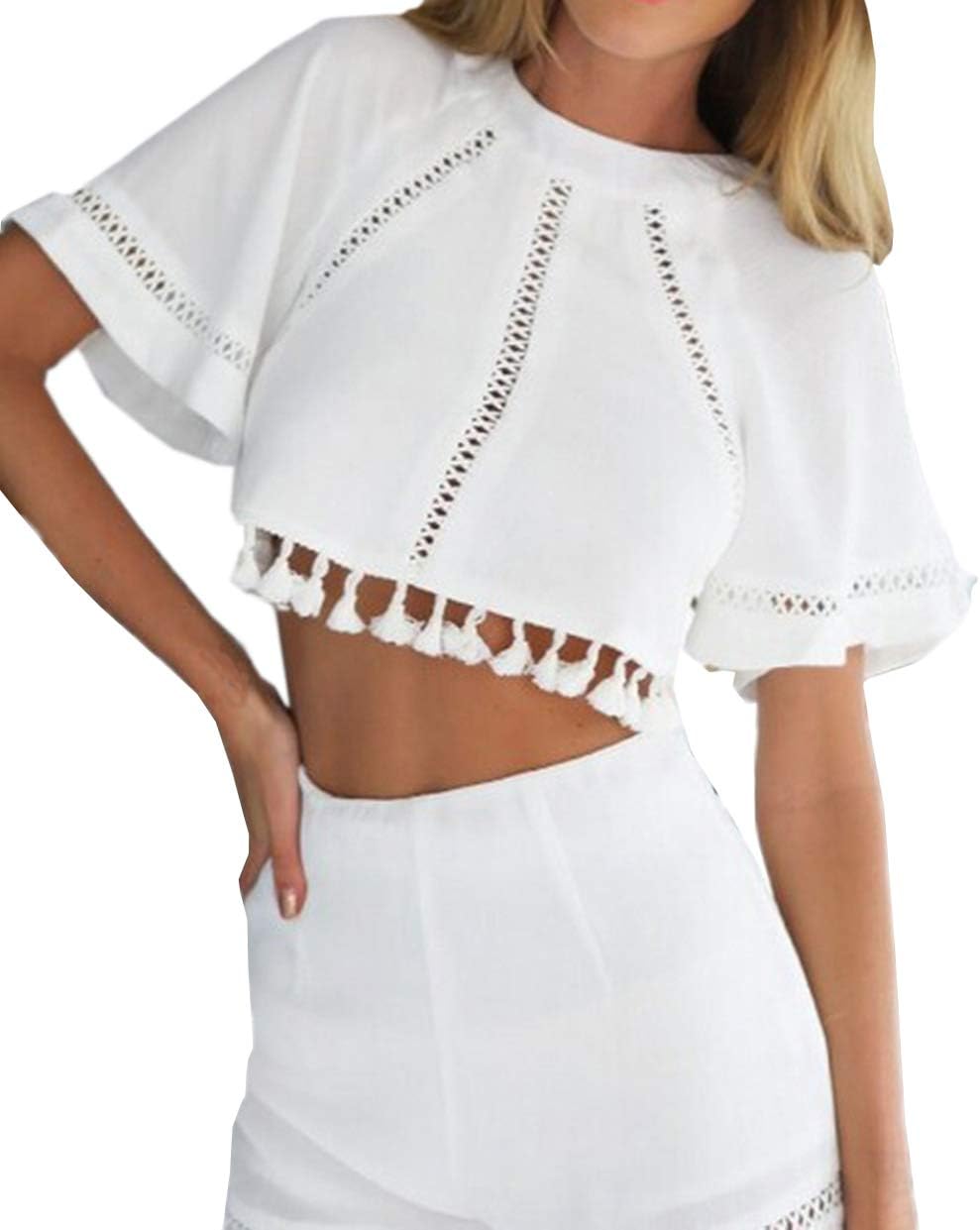 JIANLANPTT Womens White Short Sleeve Tassel Open Back Crop Top 2 Piece Set