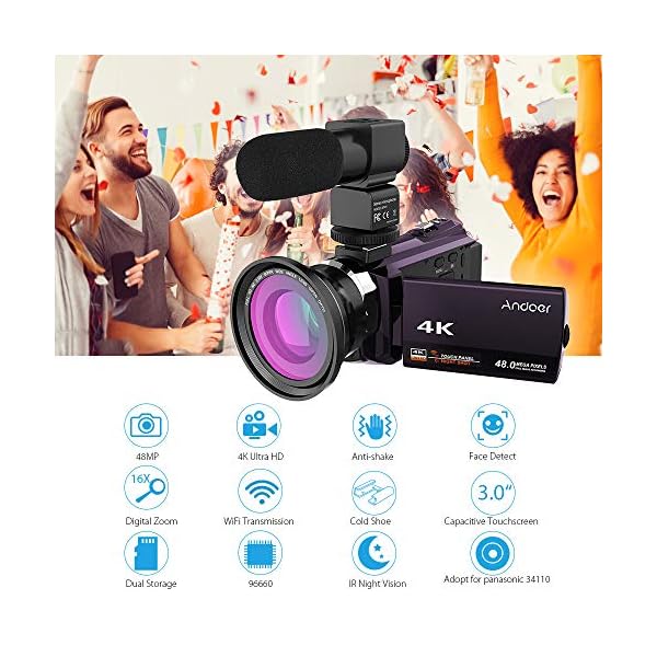 Andoer 4K Camcorder 1080P 48MP WiFi Digitalvideokamera IR Nachtsichtgerät 16X Digitalzoom mit 0.39X Weitwinkel… – Bild 3