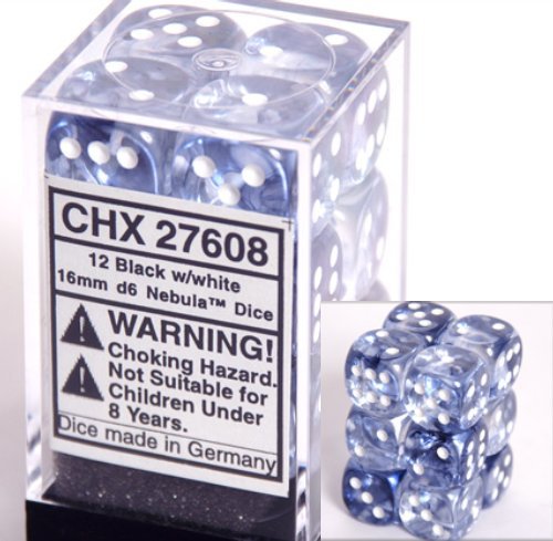 Chessex Dice d6 Sets: Nebula Black with White - 16mm Six Sided Die (12) Block of Dice