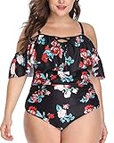 Wavely Women Plus Size Swimsuit One Piece Ruffled Off Shoulder Vintage Lace Up