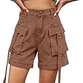 SECN Denim Cargo Pants Casual Pocket Shorts Elastic Waist Women Shorts