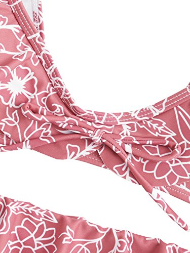 SOLYHUX Women's Flower Print Knot 2PCS Ruffle Strap Bikini Set Pink L - Thumbnail 3