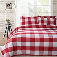 Lausonhouse Cotton Duvet Cover Set,100% Cotton Yarn Dyed Buffalo Check Duvet Cover Set,Plaid Bedding Set - Queen - Red