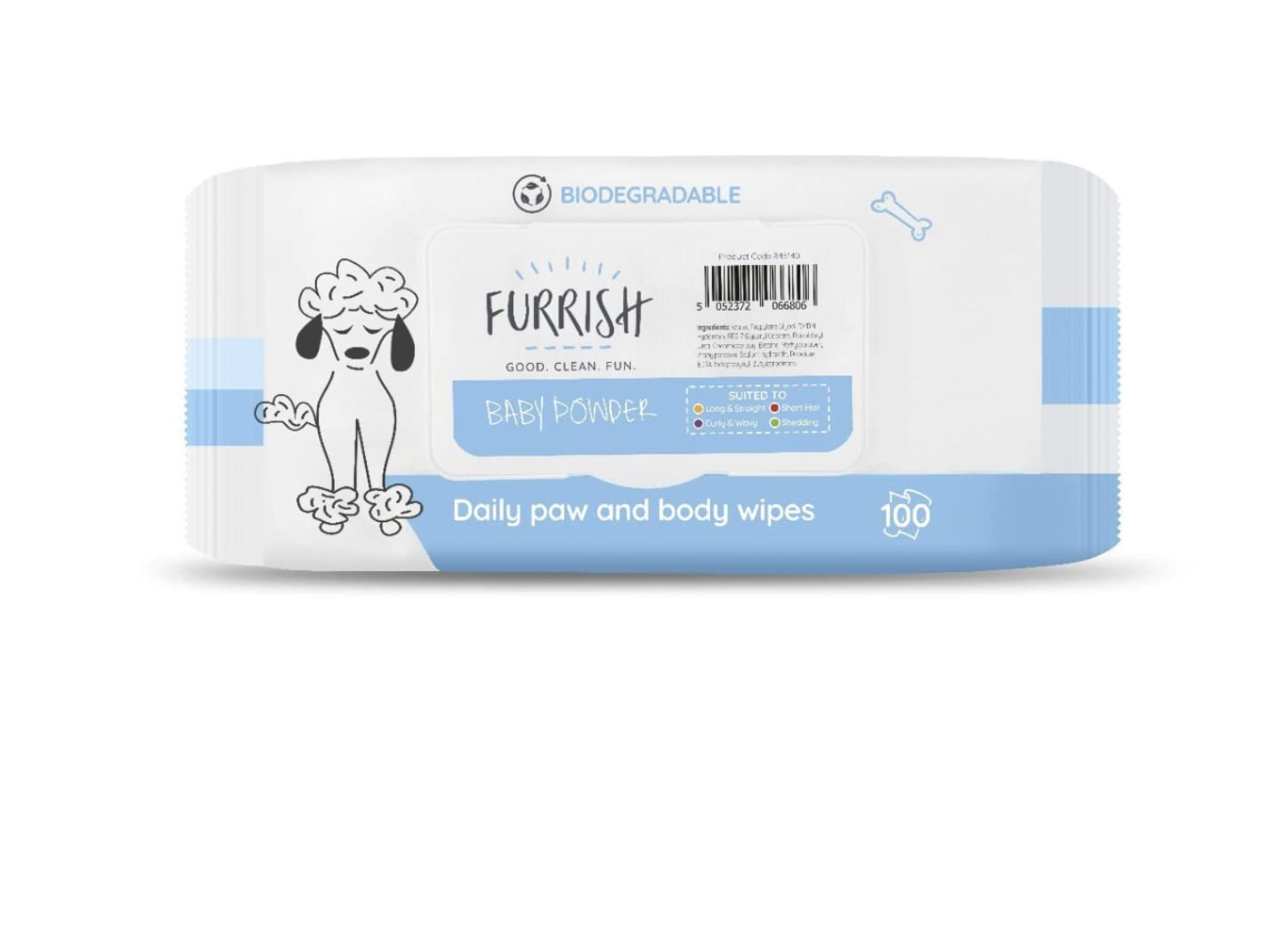Furrish Bath Wipes - Convenient and Refreshing Pet Cleansing - Conditioning and Moisturising Formula - 100 Pack - Baby Powder
