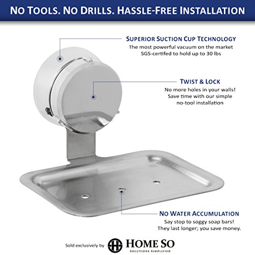 HOME SO Soap Dish Tray with Suction Cup - Removable Bath Shower Holder for Soap Bars, Sponges, Shampoo - Stainless Steel, Chrome - Thumbnail 3