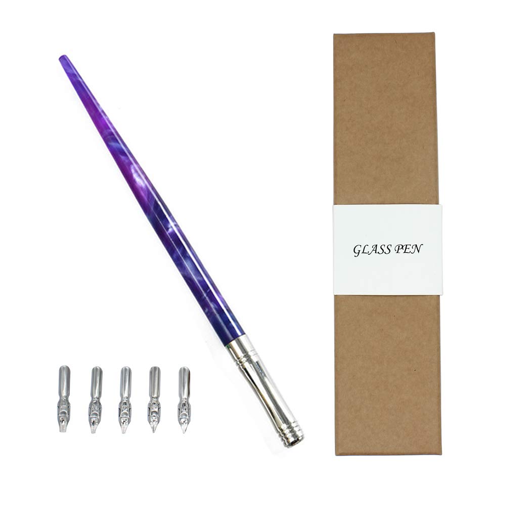 Hillento Resin Calligraphy Nib Pen Point Holder, Oblique English Calligraphy Pen Nib Holder with 5 Flat Nibs, Purple and Blue
