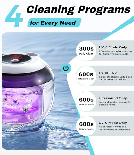 Ultrasonic Retainer Cleaner Machine, 45kHz Deep Gentle Dental Cleaning Pod with 304 Stainless Steel Tank, 4 Cleaning Modes for Aligners, Dentures, Mouth Guards, Night Guards, Toothbrush Heads
