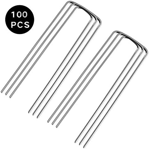 Toopify 100 Pack Garden Stakes Staples, 6 Inch Galvanized Landscape Stakes Pins 11 Gauge, for Ground Cover, Wire Fence, Soaker Hoses