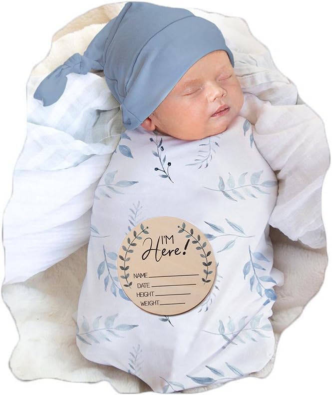 Photo 1 of Ylsteed Baby Swaddle Blanket and Headband Set, Newborn Receiving Blanket Swaddle Wrap for Girls and Boys, Swaddling Blankets Neutral for Newborn? Soft and Skin-Friendly 32 * 32 inches (Blue Leaves)