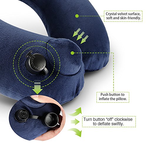 Travel Pillow, Cozzine Ultra Soft Washable Neck Inflatable Pillow for Travel on Airplane, Car, Train, Bus and Camping etc. (Free Eye Mask and Ear Plug Included)
