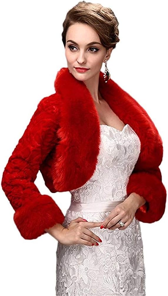 Oncefirst Women's Winter Faux Fur Wedding Jacket for Bride Wrap Shawl Bolero Jacket at  Women's Coats Shop