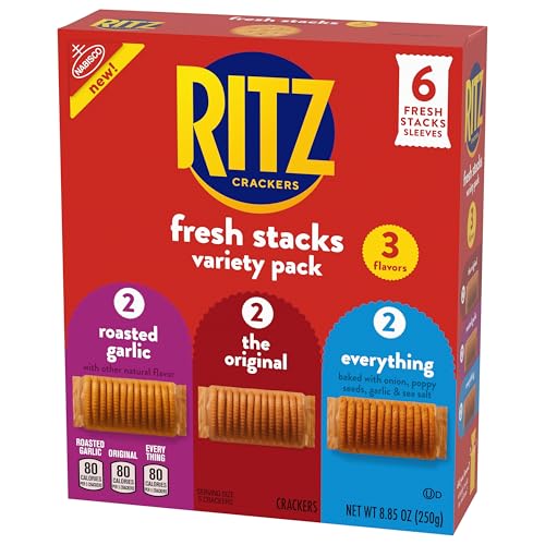 RITZ FRESH STACKS ORIGINAL, EVERYTHING, AND GARLIC BUTTER CRACKERS VARIETY PACK, TRAVEL SNACKS, 8.85 OZ (6 MULTI SNACK PACKS)