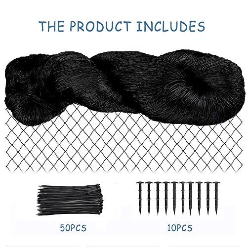 25*50\' Bird Netting with 2.4” Square Mesh, Reusable Bird Netting for Vegetables Fruit Trees Protection, Heavy Duty Garden Netting for Chicken Coop/ Poultry/ Aviary/ Pens (10 Ground Nails + 50 Ties)