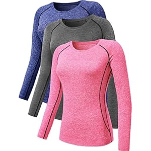 Neleus Women’s 3 Pack Compression Long Sleeve Top for Girls,8021,Grey,Blue,Pink,L