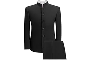 GARQIA CLYON 2 Piece Men's Chinese Suit Chinese Stand Collar Slim Fit Suits Front Button Blazer Pant Set