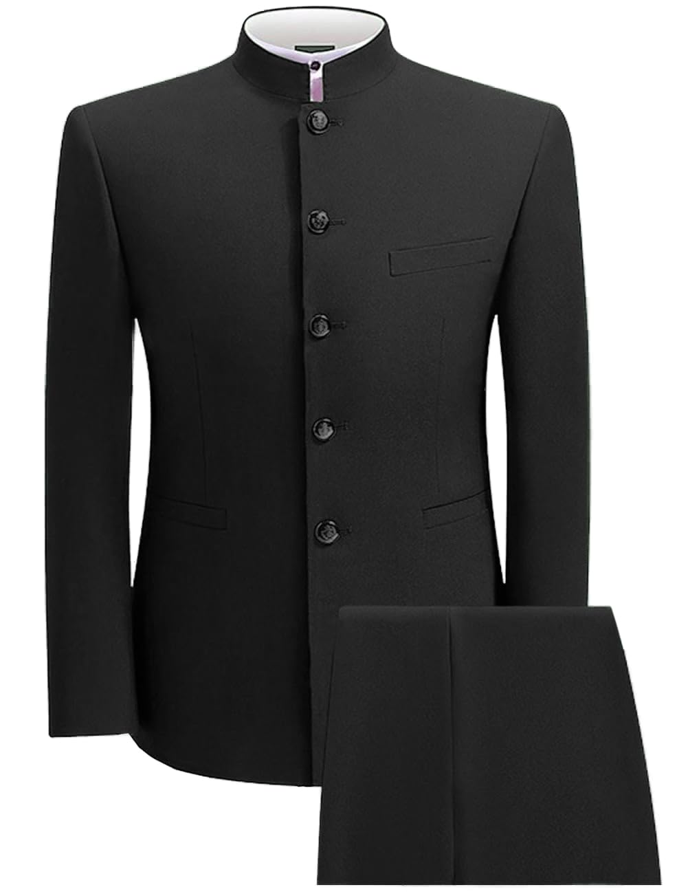 Photo 1 of 2 Piece Men's Chinese Suit Chinese Stand Collar Slim Fit Suits Front Button Blazer Pant Set,Black-XS