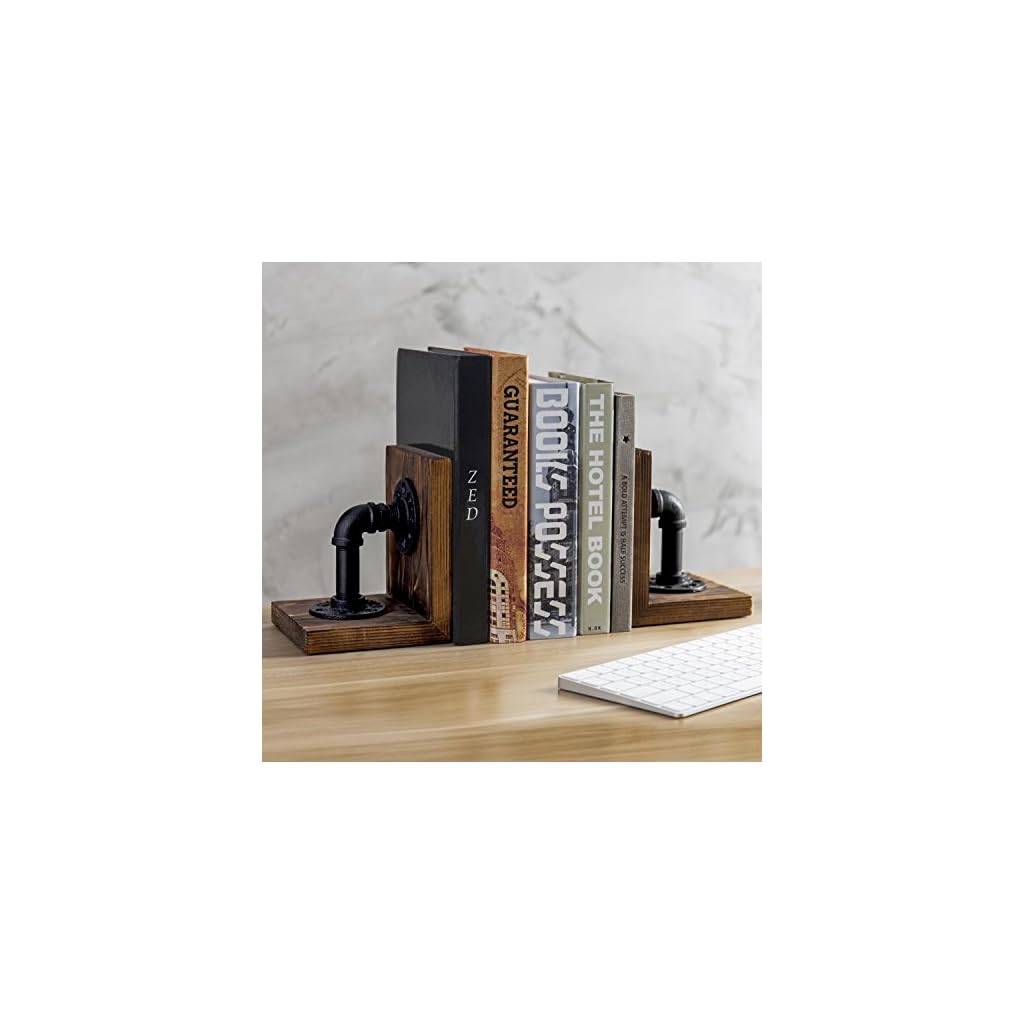 MyGift Rustic Brown Wood Bookends With Realistic Industrial Pipe Design