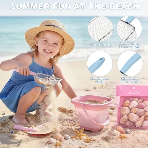 Dreamon Beach Sand Toys 3 Set Collapsible Bucket and Spade Beach Set Kids with Sand Sifters Beach Shovel Rakes Seashell Bag Outdoor Toys for Children Toddlers 3 4 5 Years Old