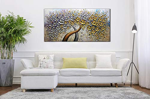 V-inspire Art, 24x48 Inch Oil Paintings Lucky Tree Abstract Hand-Painted Art Lnner Wooden Frame Canvas Painting Flower Wall Art Living Room Bedroom Office Hanging Decorations White Wall Decoration - Thumbnail 5