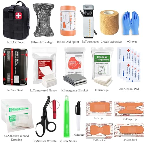Kit IFAK de trauma con torniquete de combate | Sello de pecho ventilado | vendaje israelí | gasa comprimida | vendajes de control de sangrado for emergency, camping, hunting, hiking (Negro)