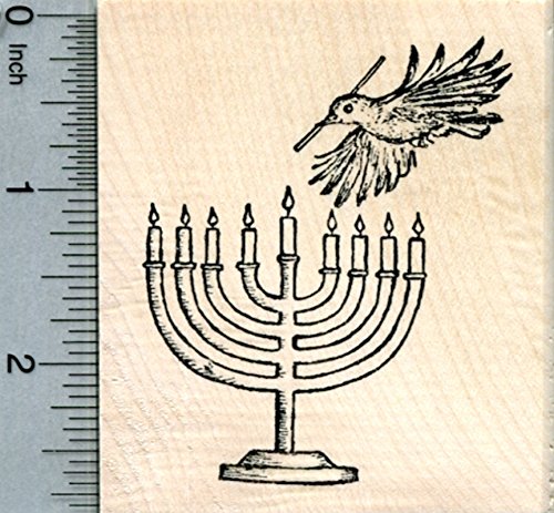 Hanukkah Menorah Rubber Stamp, with Bird