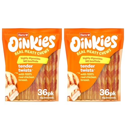 HARTZ OINKIES TENDER TWISTS WITH REAL CHICKEN BREAST RAWHIDE-FREE DOG TREATS, HIGHLY DIGESTIBLE DOG CHEWS, 72 COUNT